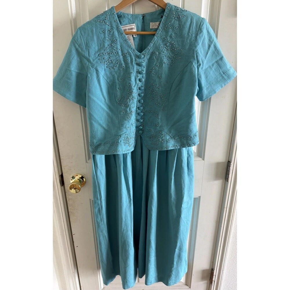 Vtg Karen Stevens Women’s Dress & Jacket Set Size 10 P Petite Embroidered